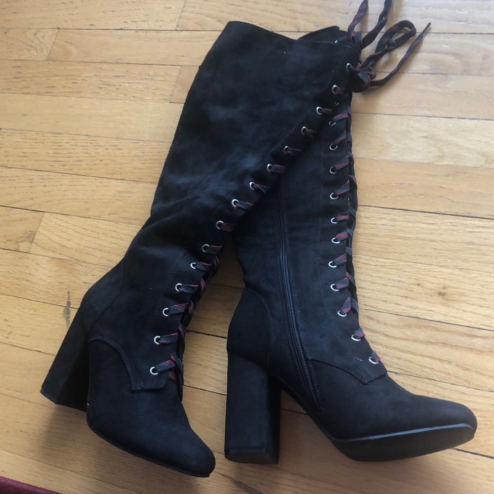 High heel tall witchy boots with tie up feature